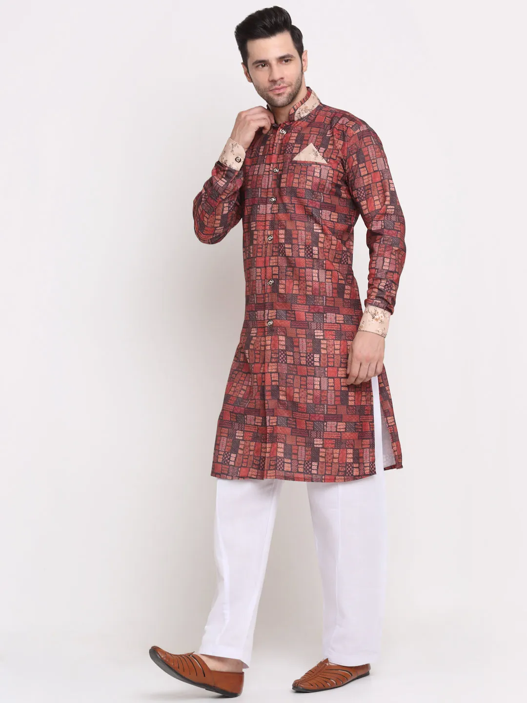 Men's Brown & Multi Printed Kurta With White Pyjamas Set - Benstoke