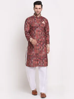 Men's Brown & Multi Printed Kurta With White Pyjamas Set - Benstoke