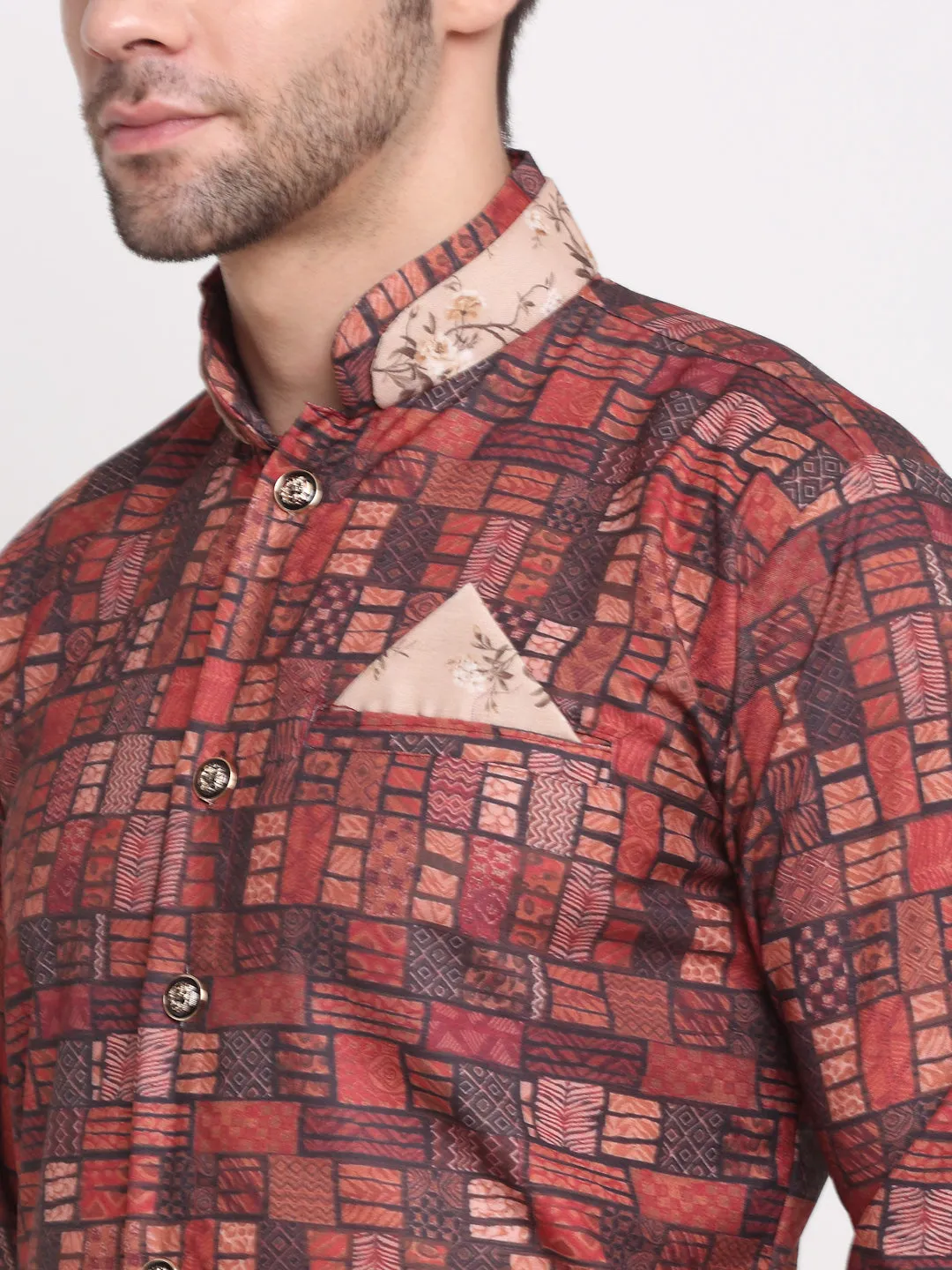 Men's Brown & Multi Printed Kurta With White Pyjamas Set - Benstoke