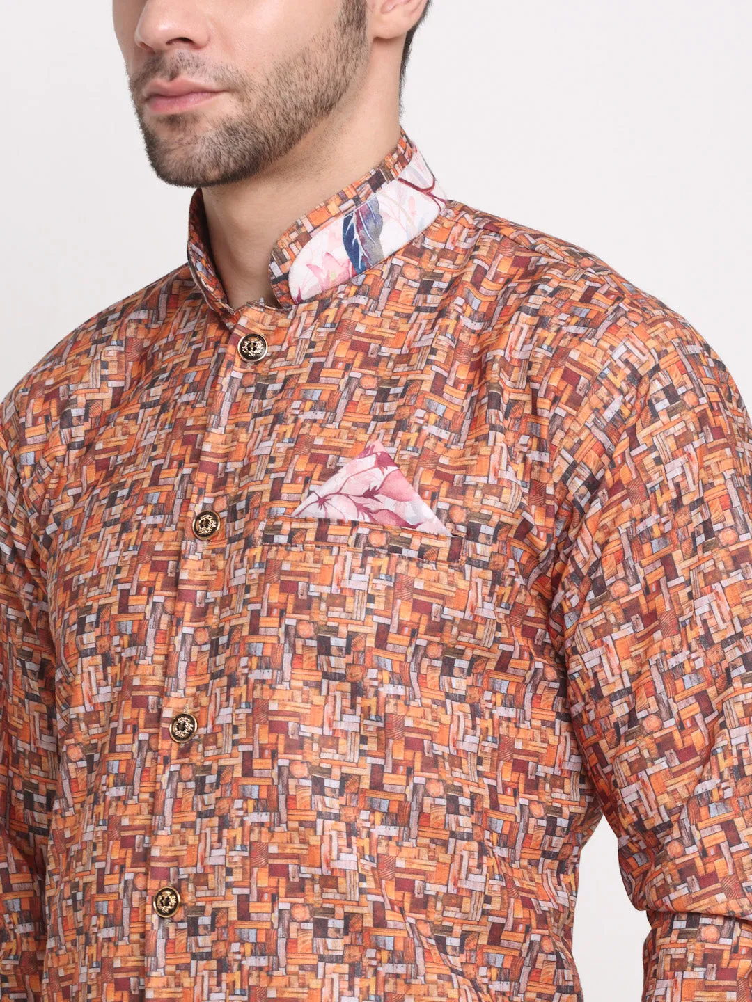 Men's Orange & Multi Printed Kurta With White Dhoti Pant - Benstoke