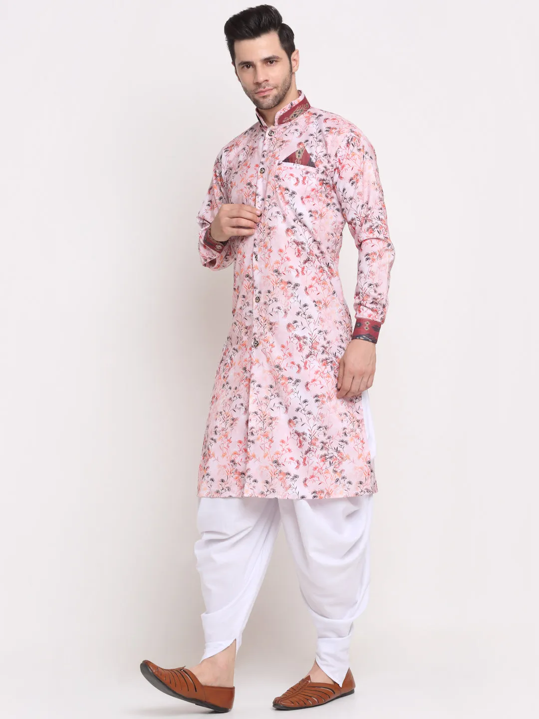 Men's Pink & Multi Printed Kurta With White Dhoti Pant - Benstoke