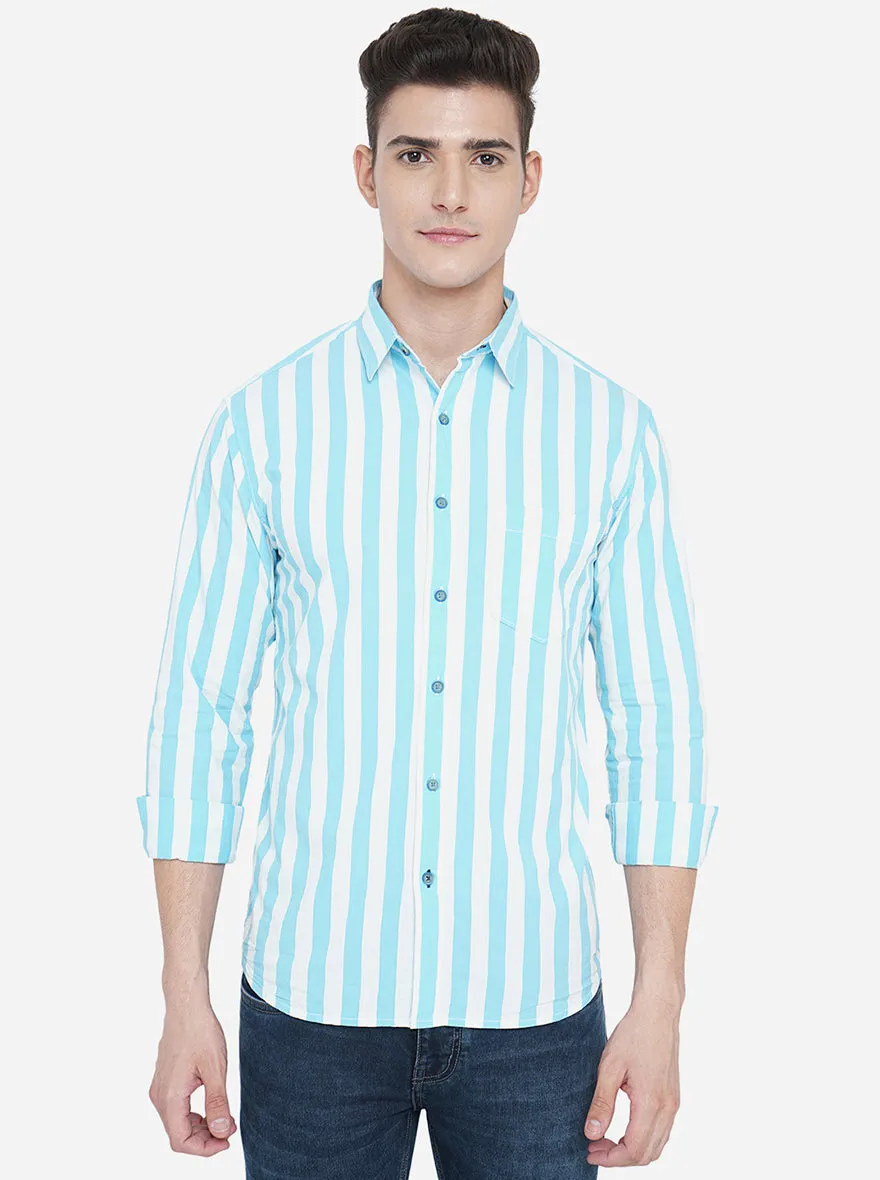 Milky Blue Striped Slim Fit Semi Casual Shirt | Greenfibre