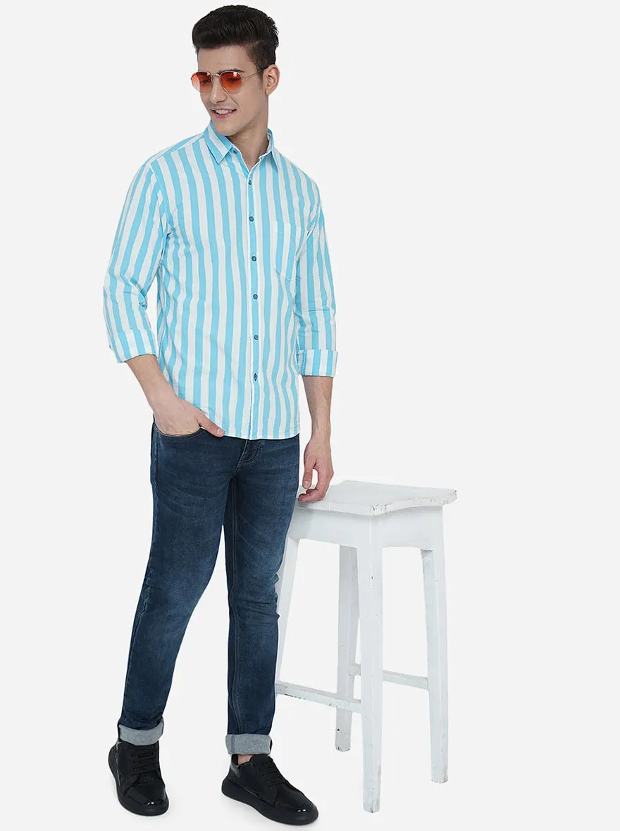 Milky Blue Striped Slim Fit Semi Casual Shirt | Greenfibre