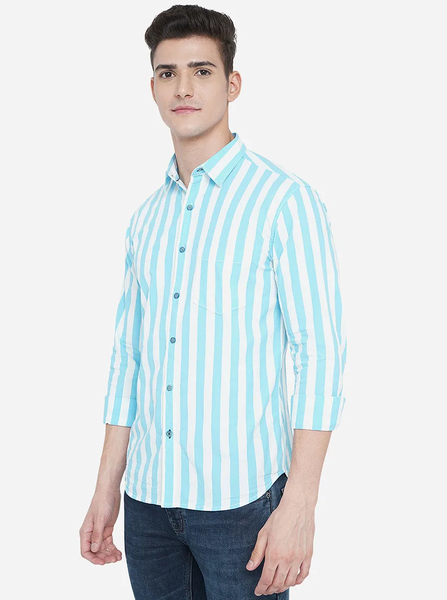 Milky Blue Striped Slim Fit Semi Casual Shirt | Greenfibre