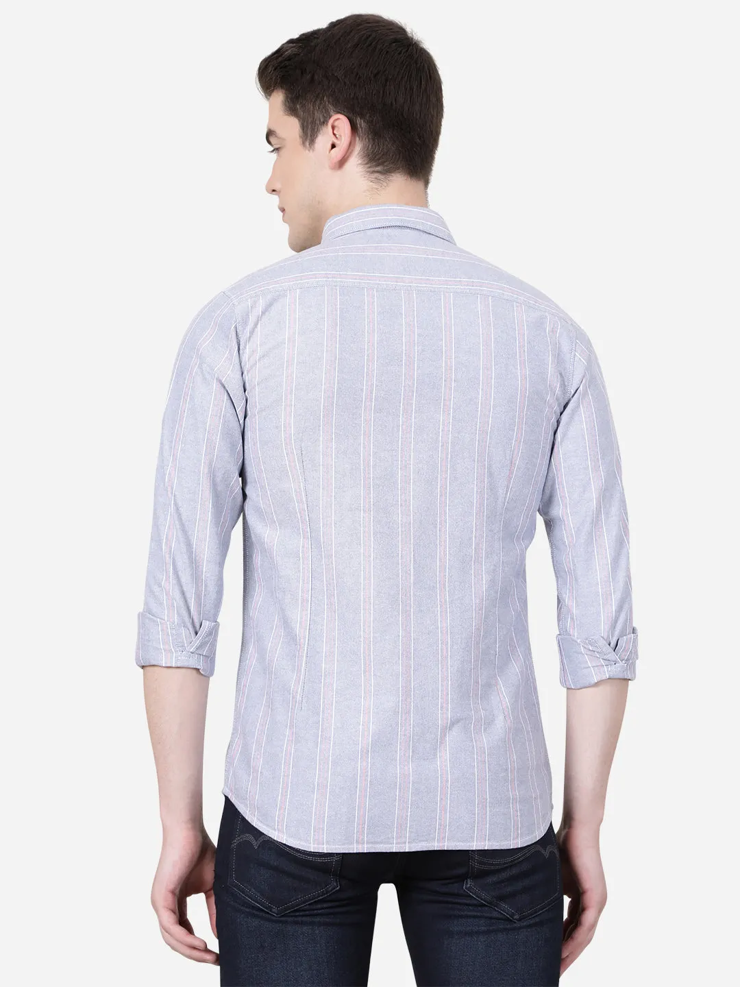 Neutral Grey Striped Slim Fit Semi Casual Shirt | JadeBlue