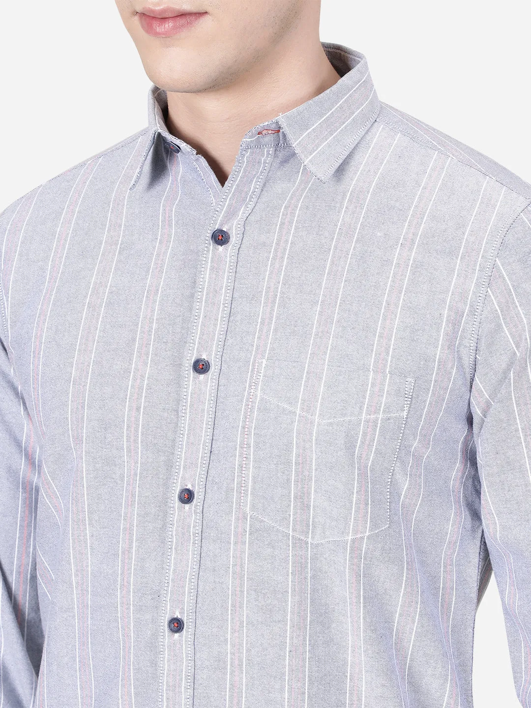 Neutral Grey Striped Slim Fit Semi Casual Shirt | JadeBlue