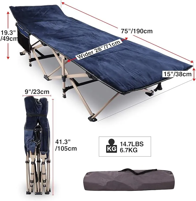 Padded Folding Camping Cot for Adults, Blue Grey