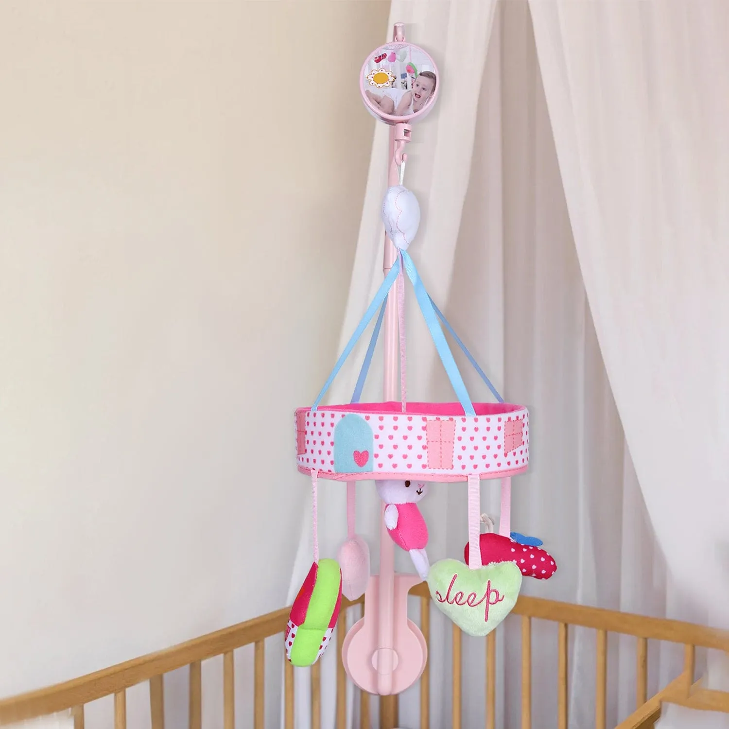 Rabbit Premium Musical Rotating Cot Mobile With Hanging Rattle Toys - Pink