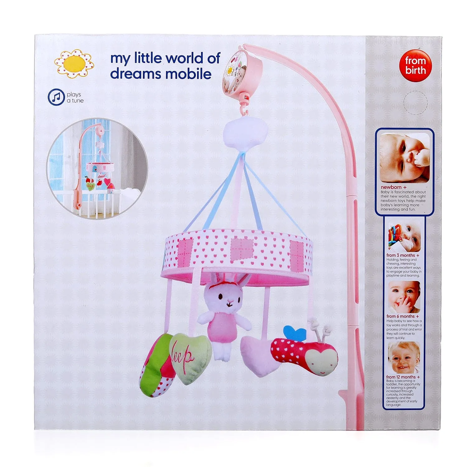 Rabbit Premium Musical Rotating Cot Mobile With Hanging Rattle Toys - Pink