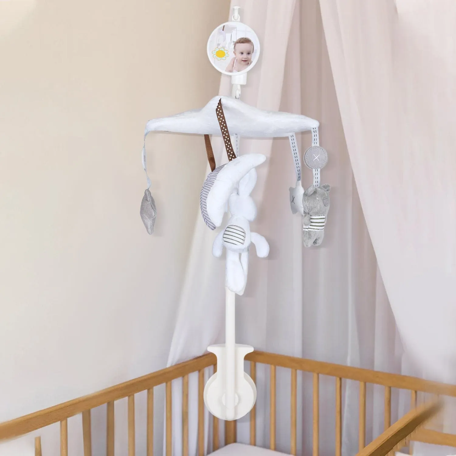 Rabbit Premium Musical Rotating Cot Mobile With Hanging Rattle Toys - White