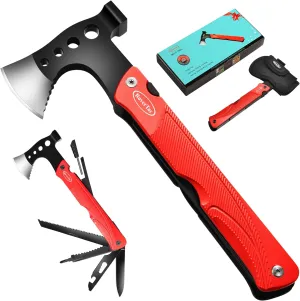 RoverTac Camping Hatchet Multitool Axe Survival Gear Gifts for Men Dad Him 14-in-1 Axe Hammer Knife Saw Bottle Opener Fire Starter Whistle Perfect for Camping Survival Hiking Fishing