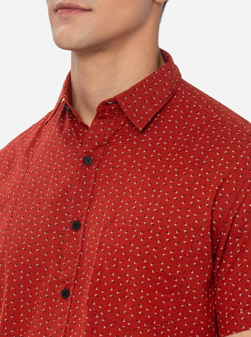 Rust Printed Slim Fit Semi Casual Shirt | Greenfibre