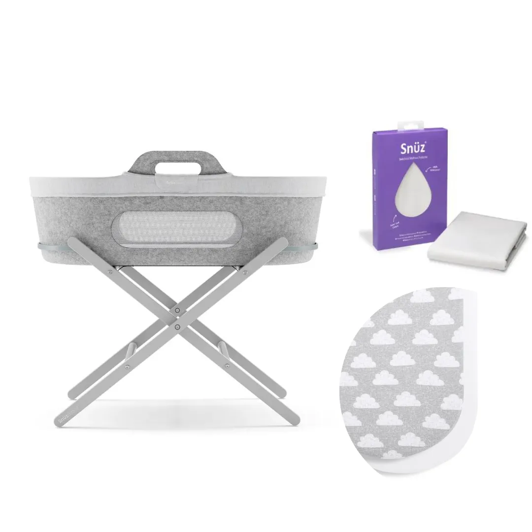 SnuzBaskit Everything Bundle - Light Grey Moses Basket & Dove Stand - Choose your sheet colour