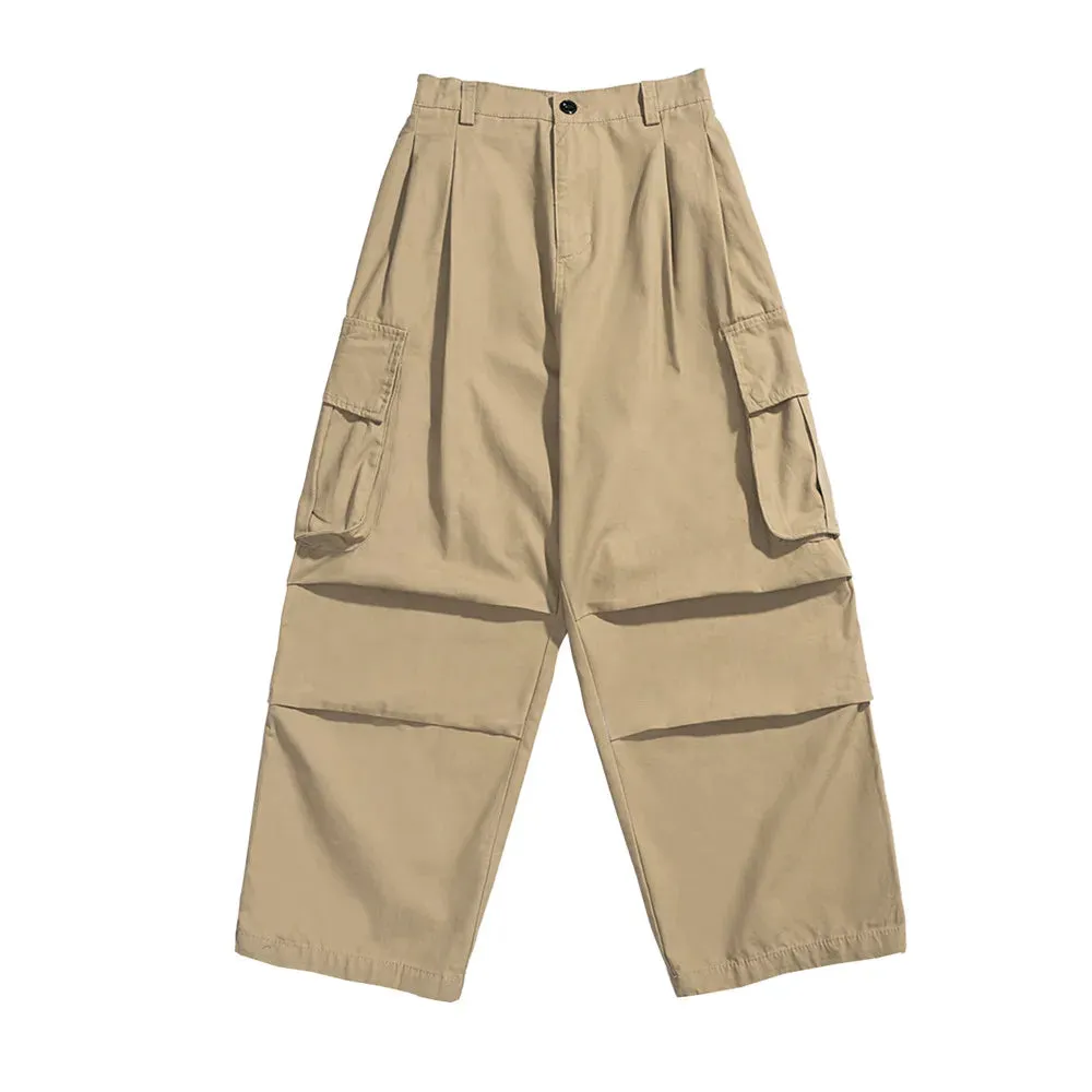 Solid Color Safari Style Cargo Pants - Pleated Loose Straight-leg