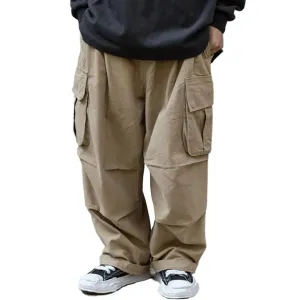 Solid Color Safari Style Cargo Pants - Pleated Loose Straight-leg