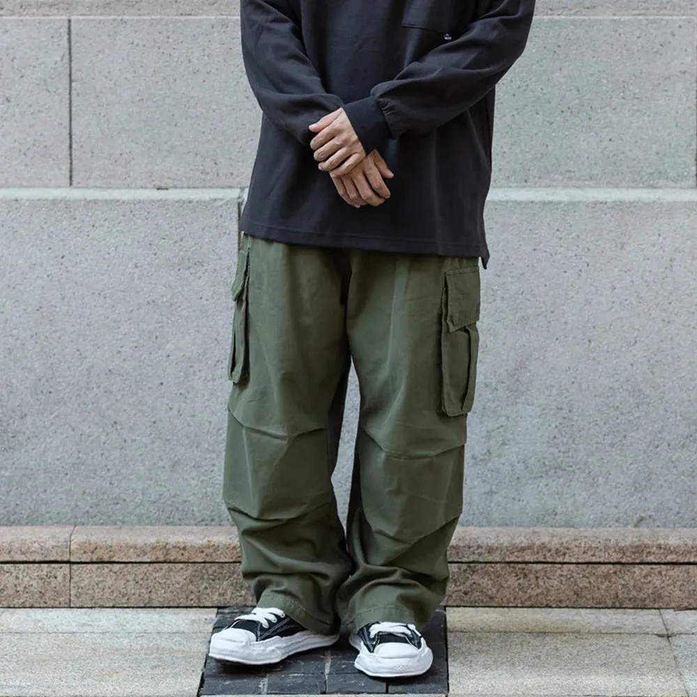 Solid Color Safari Style Cargo Pants - Pleated Loose Straight-leg