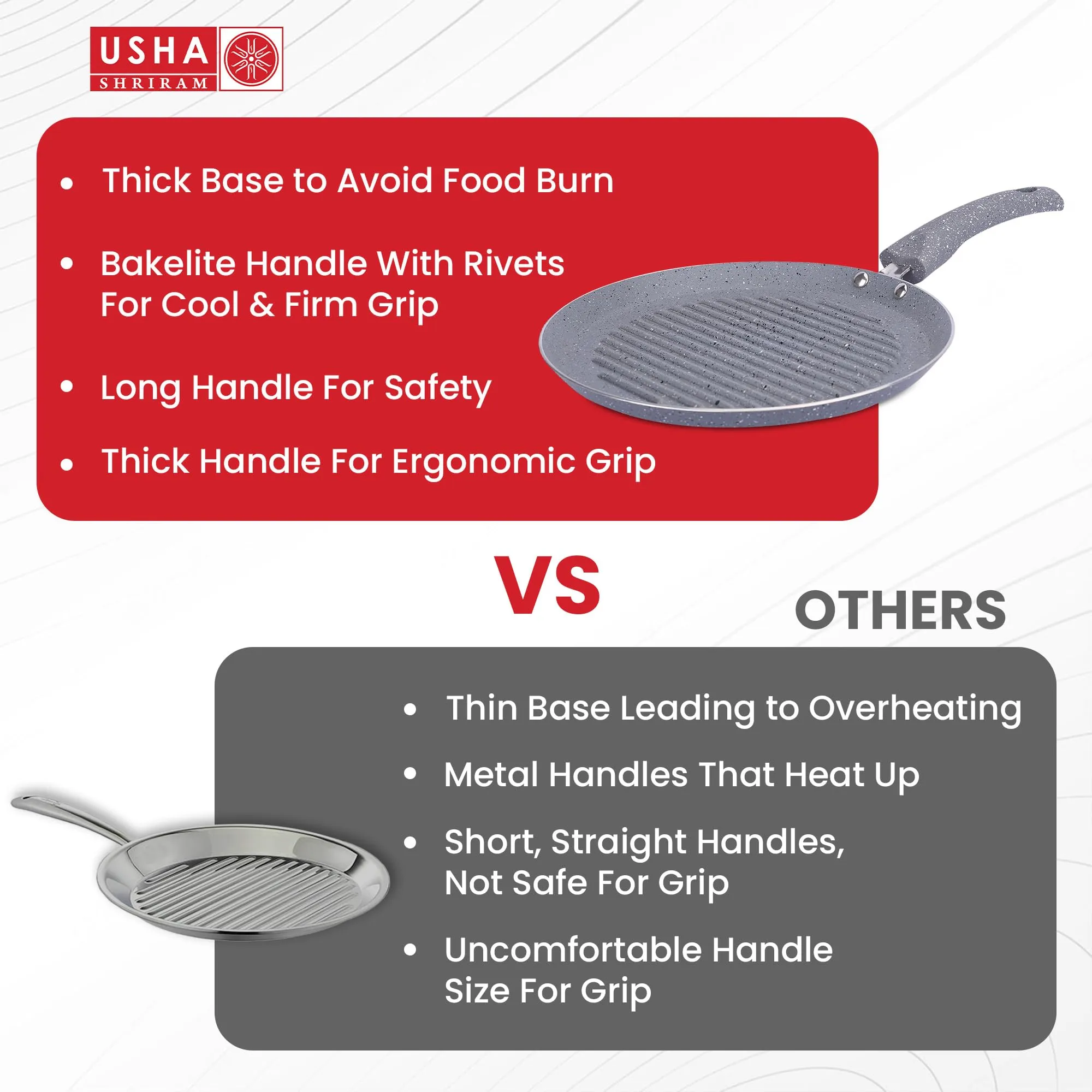 USHA SHRIRAM (25 cm Lunar Haze Non Stick Frying Fry Grill Pan | Saute Pan Gas Cookware | Big Grill Pan | Minimal Oil Cooking | Grill Pan Non Stick | 3 Layer Non Stick Coating | Non-Toxic (Grey)