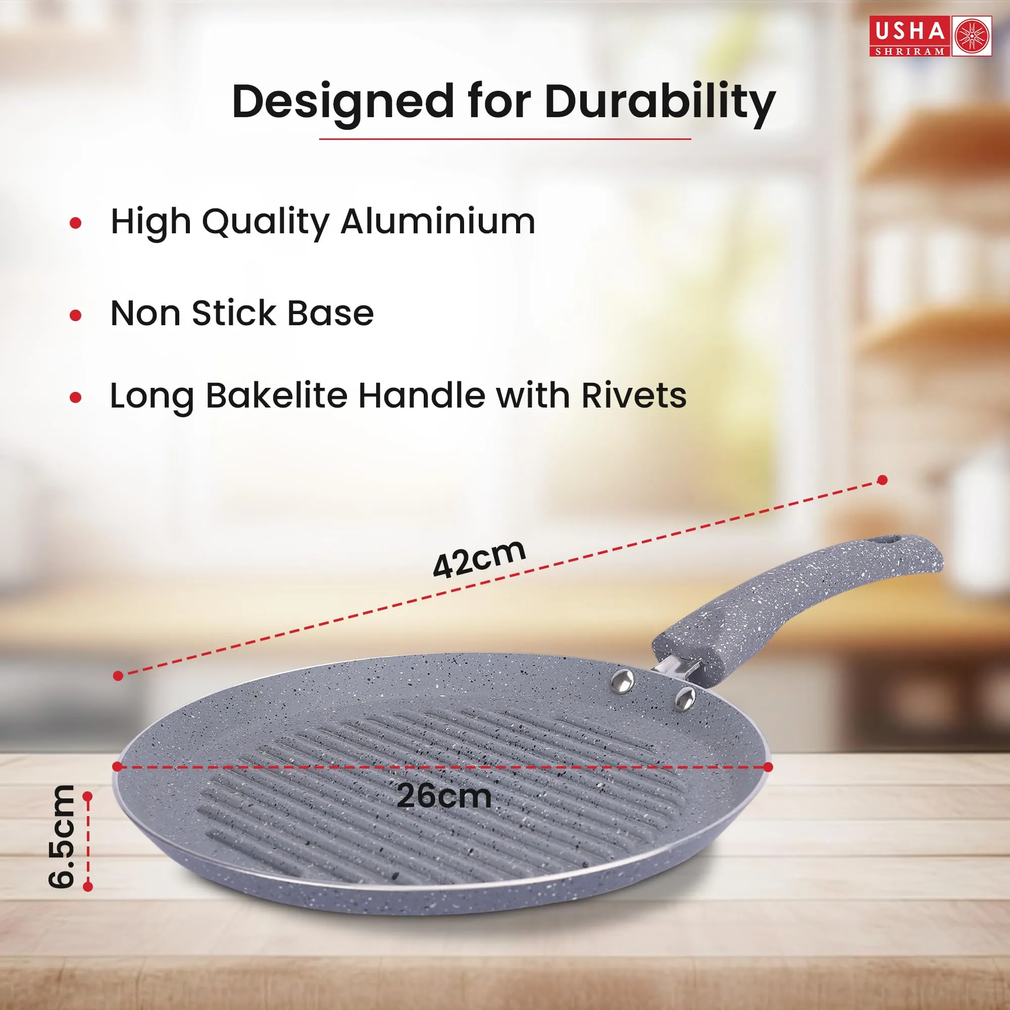 USHA SHRIRAM (25 cm Lunar Haze Non Stick Frying Fry Grill Pan | Saute Pan Gas Cookware | Big Grill Pan | Minimal Oil Cooking | Grill Pan Non Stick | 3 Layer Non Stick Coating | Non-Toxic (Grey)