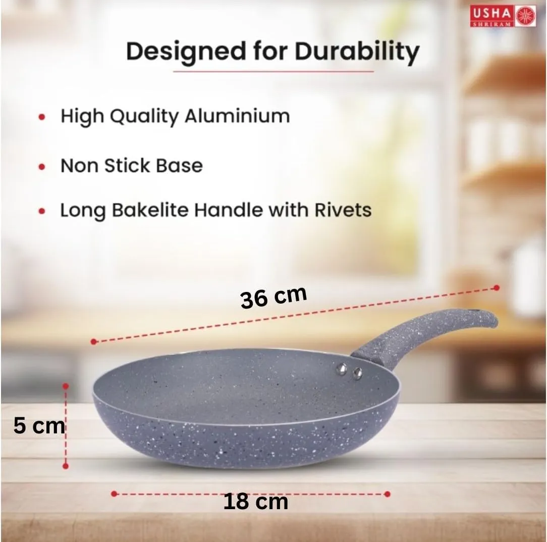 USHA SHRIRAM 3 pcs Pots and Pans Non Stick 3L Big Biryani Handi(with lid), 18cm Frying Pan,24cm Roti Tawa |Gas Stove, Non-Stick, Easy-Grip |Aluminium, Scratch-Resistant | Grey | Pack of 3