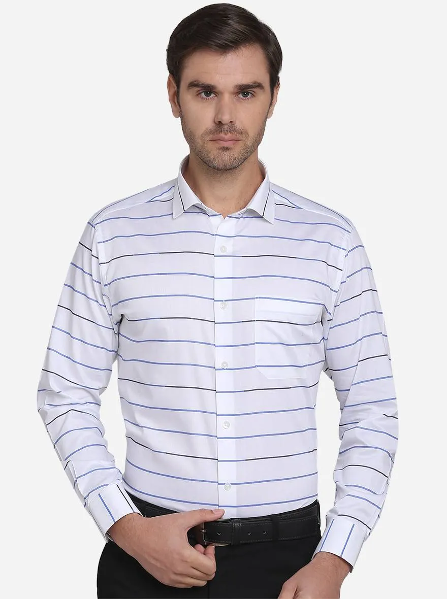 White & Blue Striped Slim Fit Formal Shirt  | Metal