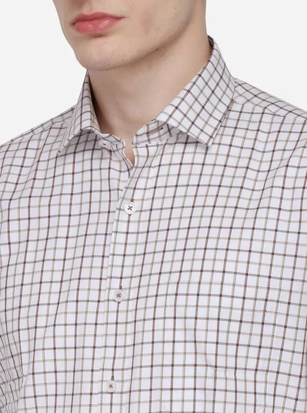 White & Brown Checked Regular Fit Formal Shirt | JadeBlue