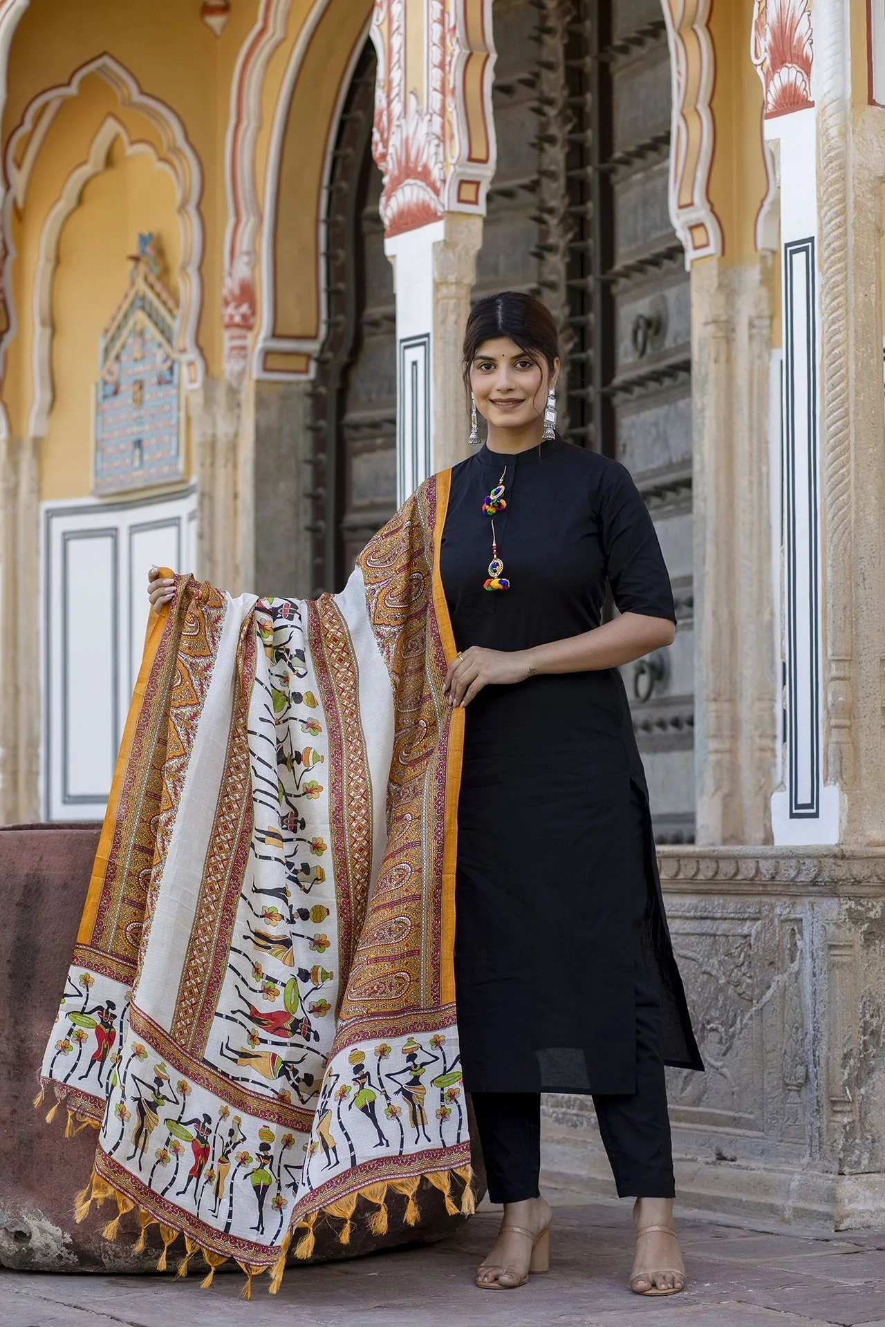 Women Black Kurta Set With Pants & Bhagalpuri Multi Colored Dupatta