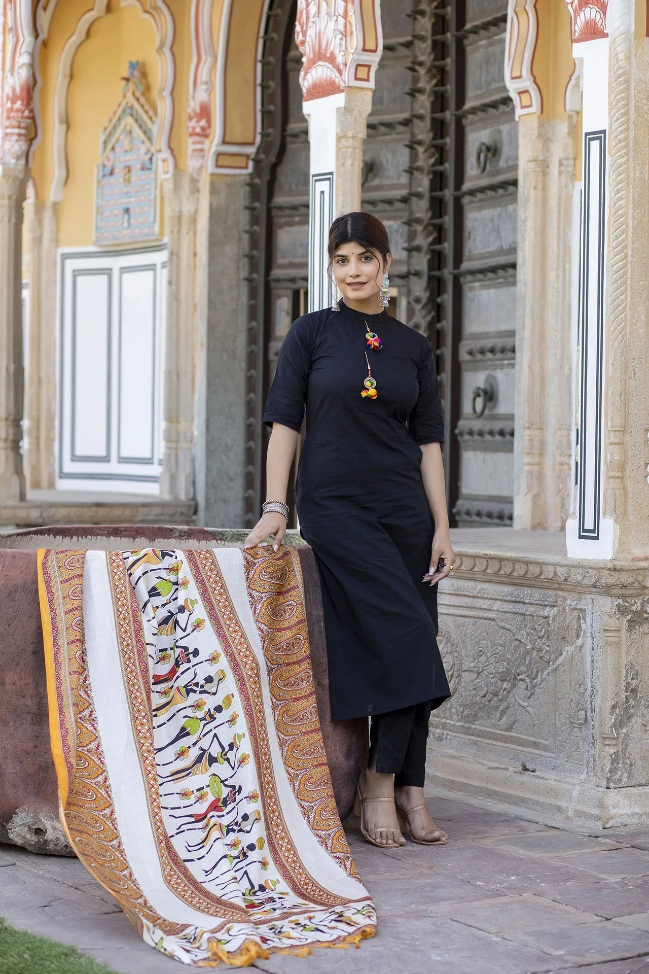 Women Black Kurta Set With Pants & Bhagalpuri Multi Colored Dupatta